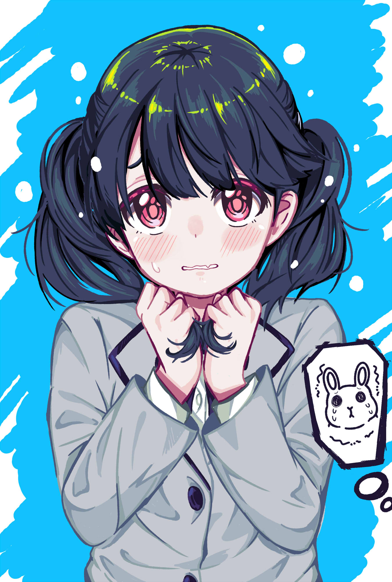 1girl, bangs, black_hair, blazer, blue_background, blush, commentary_request, fang