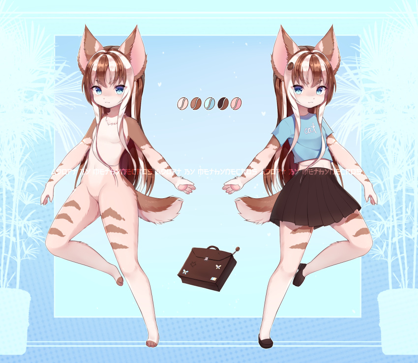 1girl, :3, animal_ears, artist_name, bag, bangs, barefoot, blue_background, blue_eyes, blue_outline, blue_shirt, blush, breasts, brown_footwear, brown_hair, cat_ears, cat_girl, cat_tail, closed_mouth, clothes_writing, coffee_bean_hair_ornament, color_guide, commentary, completely_nude, english_commentary, english_text, eyebrows_visible_through_hair, fang, fang_out, faux_text, full_body, furry, hair_ornament, hairclip, happy, heart, highres, leg_up, light_blush, long_hair, looking_at_viewer, methynecros, midriff, miniskirt, multicolored_hair, multiple_views, navel, no_nipples, no_pussy, nude, original, outline, pawpads, paws, pleated_skirt, shirt, shoes, short_sleeves, sidelocks, skin_fang, skirt, small_breasts, smile, standing, standing_on_one_leg, stomach, streaked_hair, symmetry, tail, two-tone_hair, watermark, white_hair