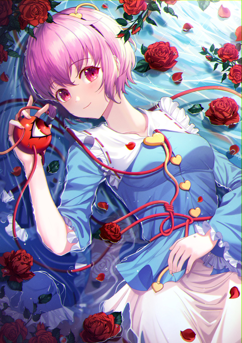 1girl, absurdres, arm_up, blue_shirt, cowboy_shot, eyebrows_visible_through_hair, flower, flower_on_liquid