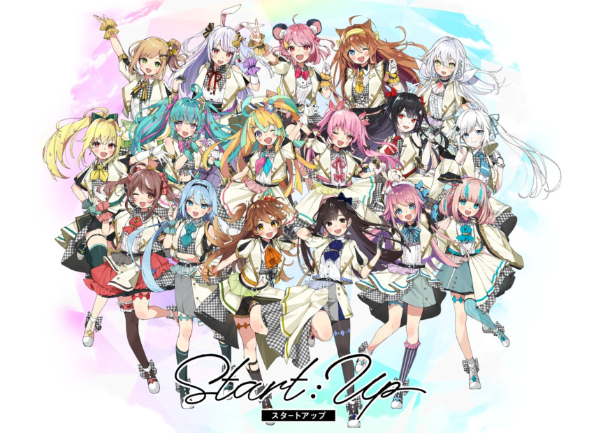 6+girls, ahoge, amakawa_hano, animal_ear_fluff, animal_ears, aqua_hair, bangs, black_hair