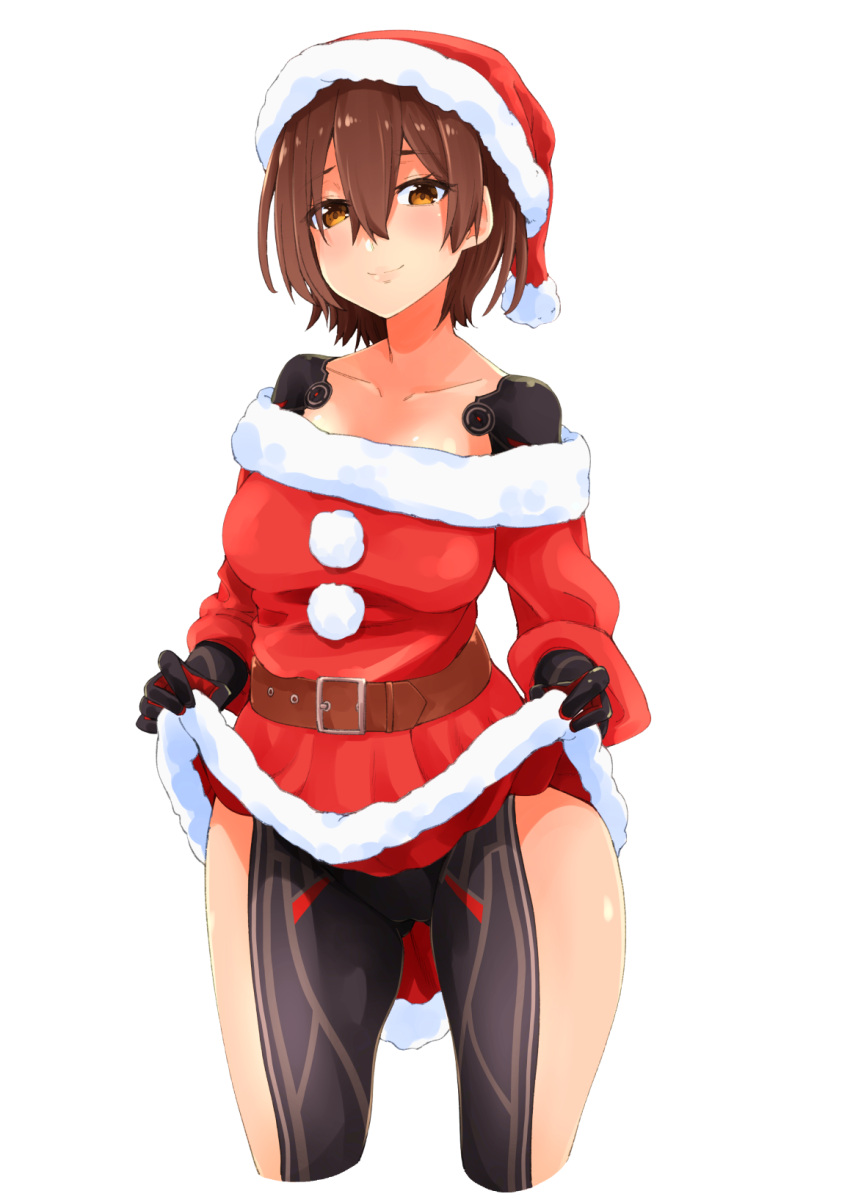 1girl, alternate_costume, android, ass_visible_through_thighs, belt, blush, breasts, brown_eyes, brown_hair, christmas, closed_mouth, collarbone, commentary, cowboy_shot, dress, dress_lift, eyelashes, hair_between_eyes, hat, highres, hololive, looking_at_viewer, maco_(yamamac), mechanical_arms, medium_breasts, off-shoulder_dress, off_shoulder, pom_pom_(clothes), red_dress, red_headwear, roboco-san, santa_costume, santa_dress, santa_hat, short_hair, simple_background, smile, solo, thighs, virtual_youtuber, white_background