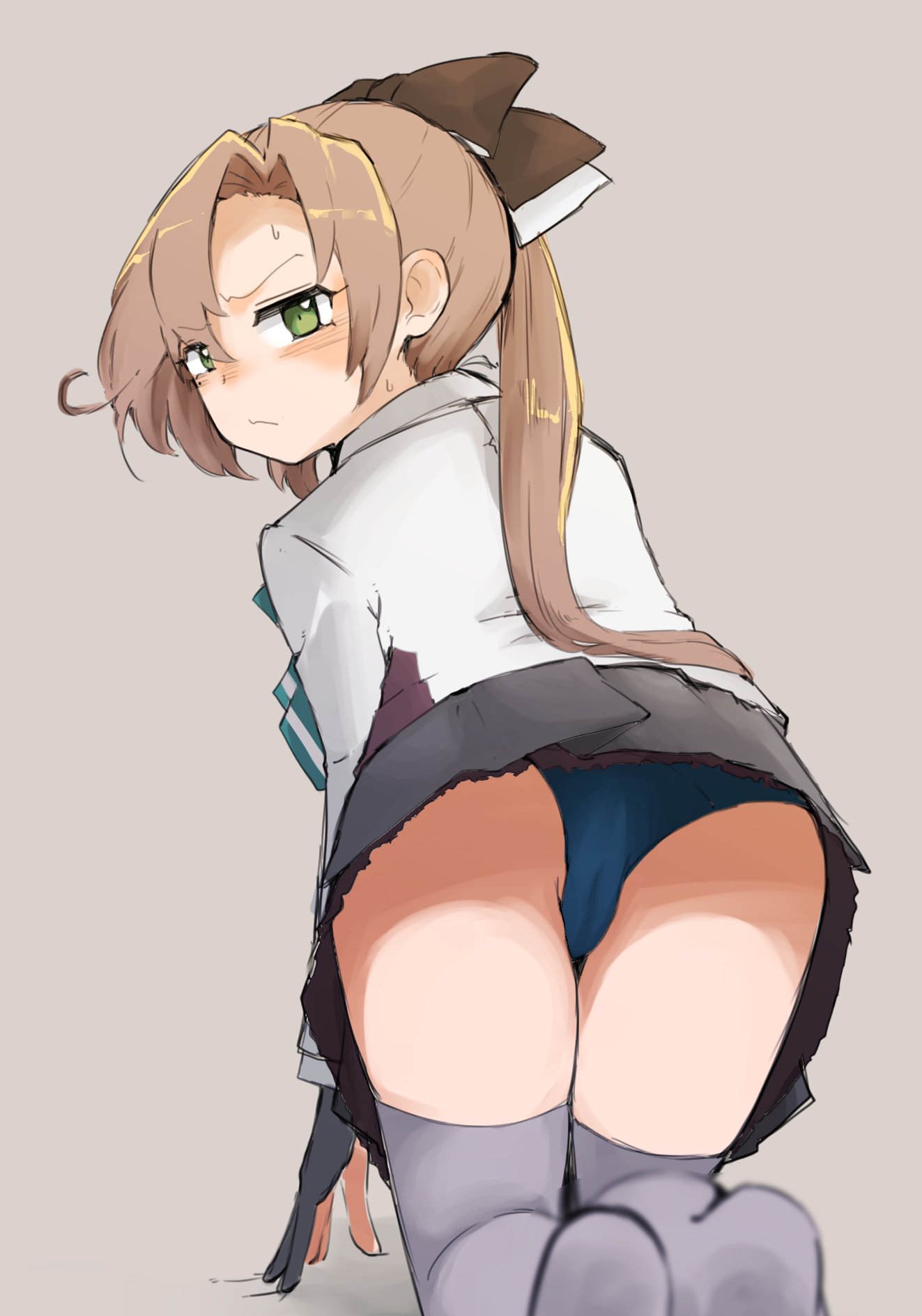 1girl, akigumo_(kantai_collection), all_fours, black_gloves, blazer, blue_panties, brown_hair, commentary_request, dova, dress, from_behind, gloves, green_eyes, grey_background, grey_dress, grey_legwear, hair_ribbon, highres, jacket, kantai_collection, long_hair, looking_at_viewer, looking_back, panties, partially_fingerless_gloves, ponytail, remodel_(kantai_collection), ribbon, school_uniform, simple_background, solo, thigh-highs, underwear, upskirt