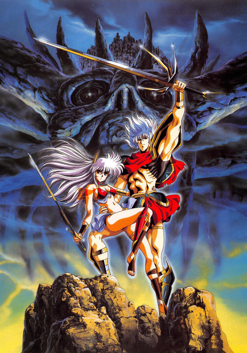 1980s_(style), 1boy, 1girl, abs, arm_up, armor, armored_boots, bangs