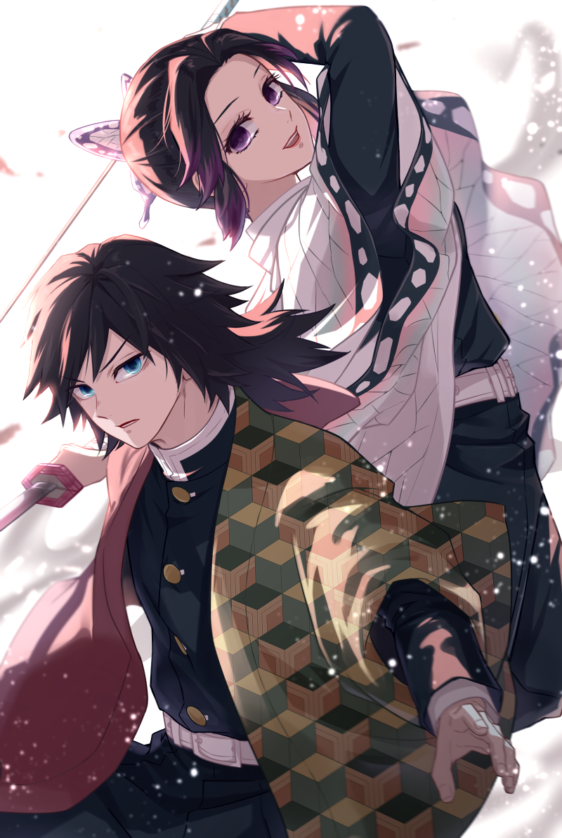 1boy, 1girl, arm_up, bangs, belt, black_hair, black_jacket, black_pants, blue_eyes, butterfly_hair_ornament, commentary_request, fighting_stance, gradient_hair, hair_between_eyes, hair_ornament, hakama_pants, haori, holding, holding_sword, holding_weapon, jacket, japanese_clothes, katana, kimetsu_no_yaiba, kochou_shinobu, long_hair, long_sleeves, multicolored_hair, nayu_(mcpt8738), open_mouth, pants, parted_bangs, purple_hair, short_hair, smile, sword, tomioka_giyuu, uniform, violet_eyes, weapon, white_background, white_belt