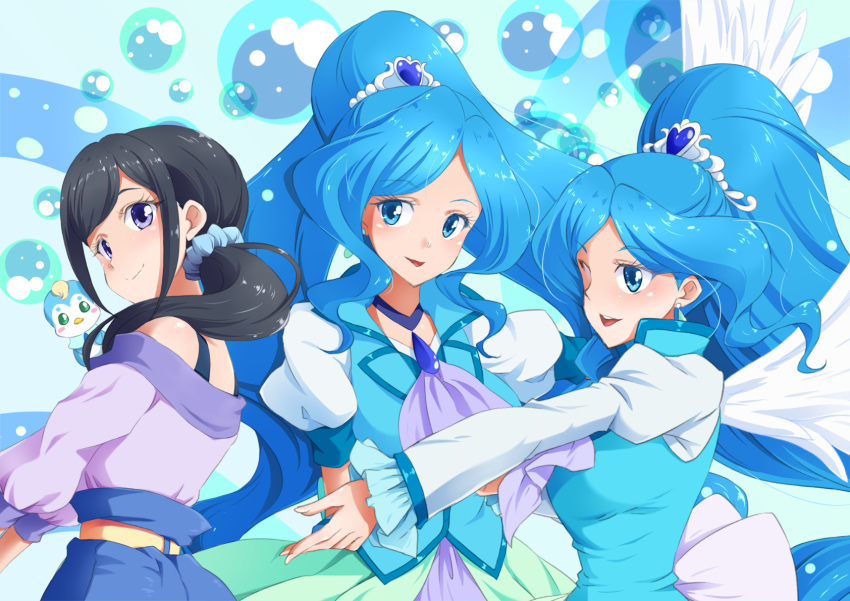 1girl, :d, bangs, bird, black_hair, blue_dress, blue_eyes, blue_hair