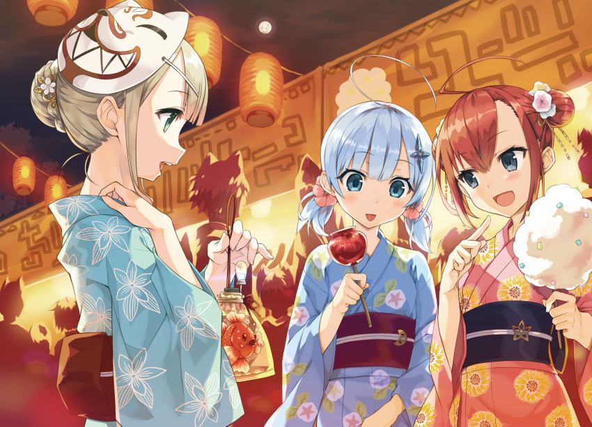 3girls, :d, ahoge, bag, bagged_fish, bangs, blonde_hair, blue_eyes