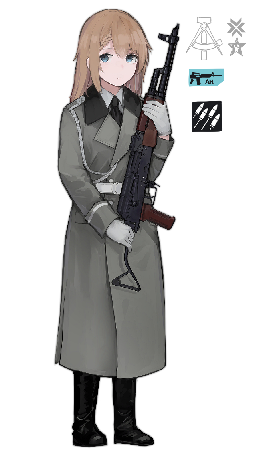 1girl, assault_rifle, bangs, belt, black_footwear, black_neckwear, blue_eyes, boots