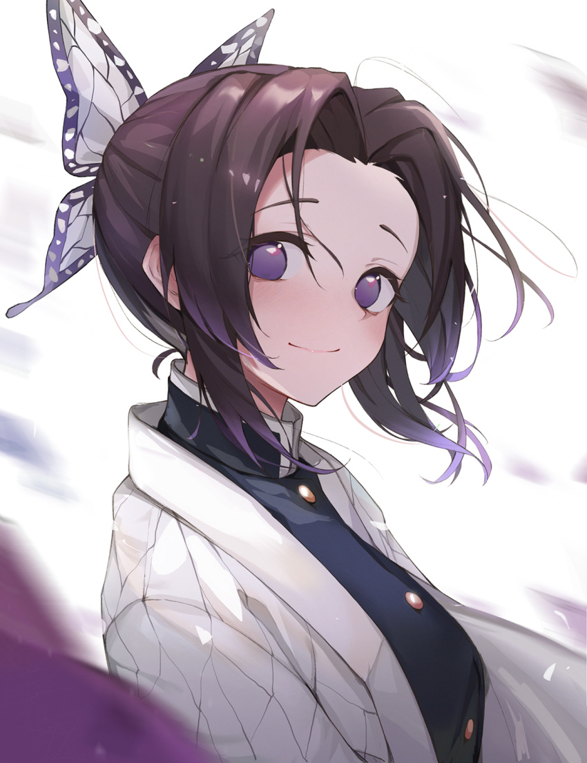 1girl, bangs, black_hair, black_jacket, butterfly_hair_ornament, closed_mouth, eyes_visible_through_hair, gradient_hair
