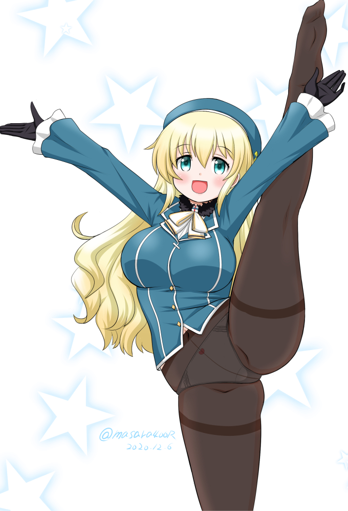 1girl, atago_(kantai_collection), beret, black_gloves, black_legwear, blonde_hair, blue_headwear, breasts