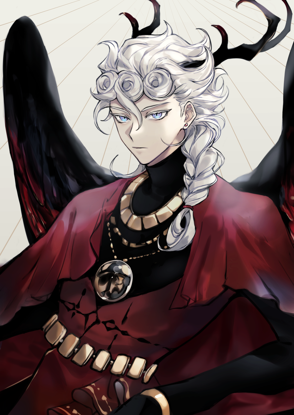 1boy, alternate_costume, alternate_hair_color, belt, black_wings, blue_eyes, bracelet, braid