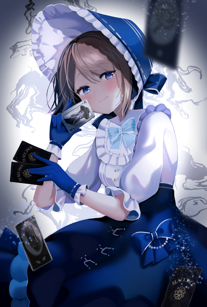 1girl, absurdres, blue_bow, blue_eyes, blue_gloves, blue_headwear, blurry, blush