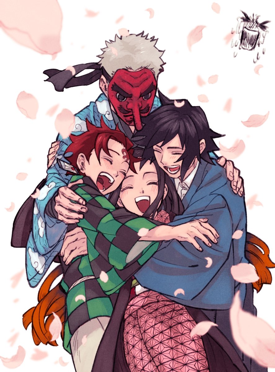1girl, 3boys, :d, ^_^, bangs, black_hair, blush, brother_and_sister