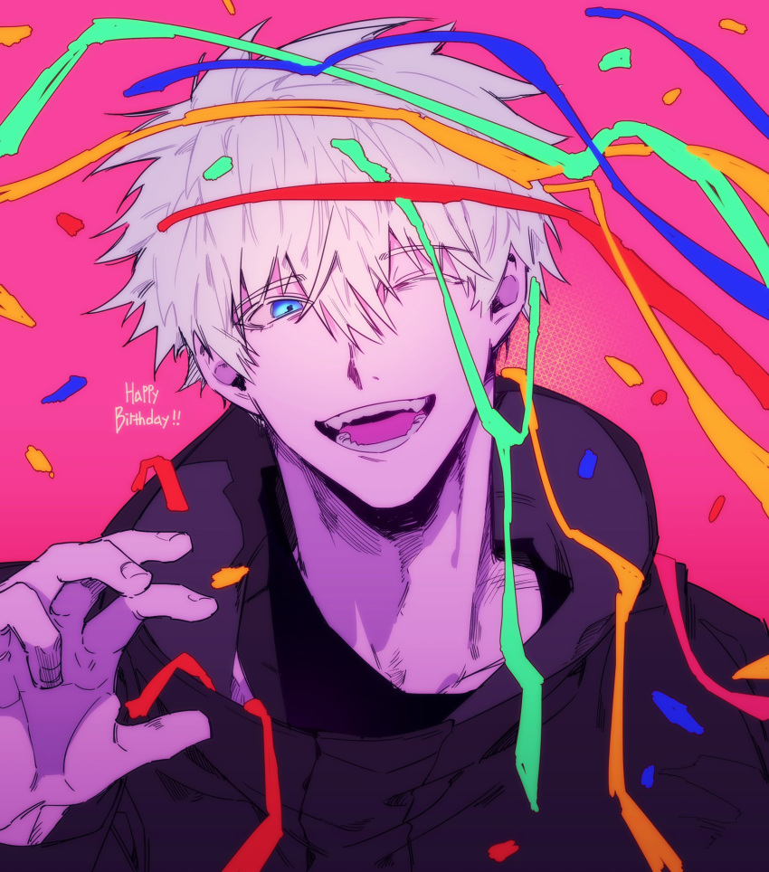 1boy, :d, bangs, black_jacket, blue_eyes, confetti, eyebrows_visible_through_hair, gojo_lover, gojou_satoru, hair_between_eyes, hand_up, happy_birthday, high_collar, highres, jacket, jujutsu_kaisen, long_sleeves, looking_away, male_focus, one_eye_closed, open_mouth, pink_background, short_hair, simple_background, smile, solo, teeth, upper_body, white_hair