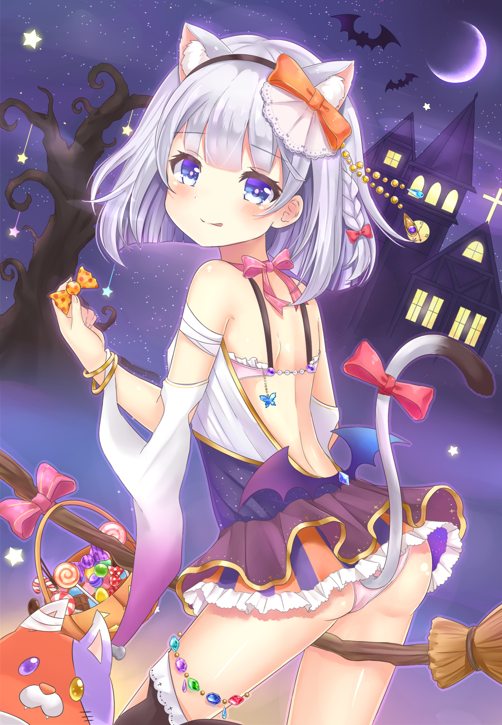 1girl, alternate_costume, animal_ear_fluff, animal_ears, ass, back, bandages, bangs, bare_shoulders, basket, bat, blue_eyes, blush, bow, bow_choker, braid, broom, candy, cat_ears, cat_tail, eyebrows_visible_through_hair, food, frilled_skirt, frills, from_behind, gem, hair_bow, hairband, halloween, highres, holding, holding_candy, holding_food, hoshi_tanuki_(shironeko_project), looking_at_viewer, looking_back, moon, night, night_sky, panties, shironeko_project, short_hair, silver_hair, skirt, sky, star_(sky), star_(symbol), starry_sky, sunameri_(pixiv3564245), tail, tina_topia, tree, underwear