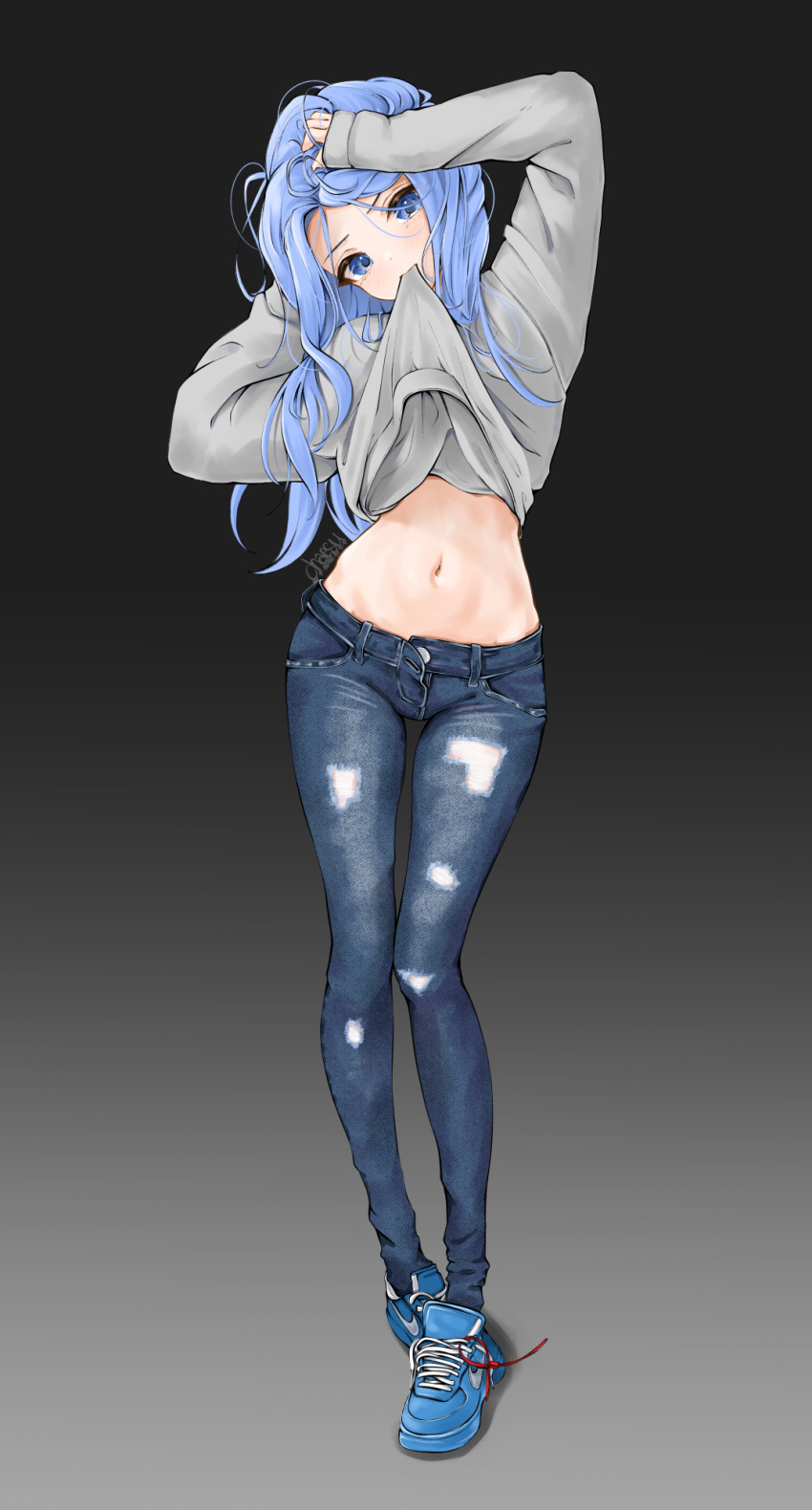 1girl, arms_up, artist_name, blue_eyes, blue_footwear, blue_hair, blush, chaesu