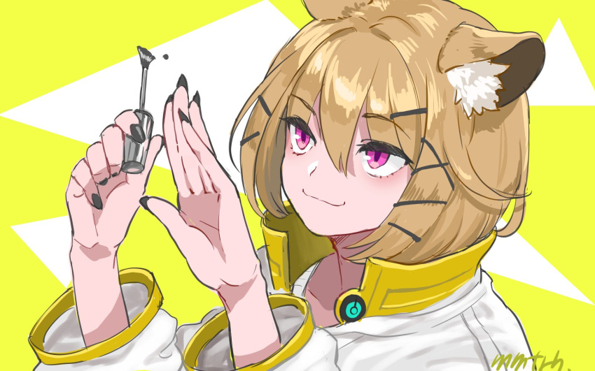 1girl, animal_ear_fluff, animal_ears, arknights, artist_name, artist_request, bangs, black_nails