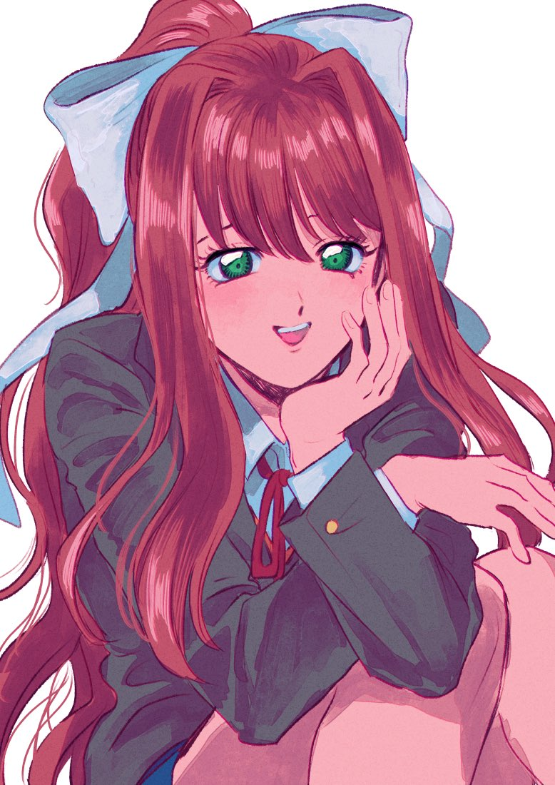 1girl, bangs, blazer, bow, brown_hair, doki_doki_literature_club, green_eyes, hair_bow