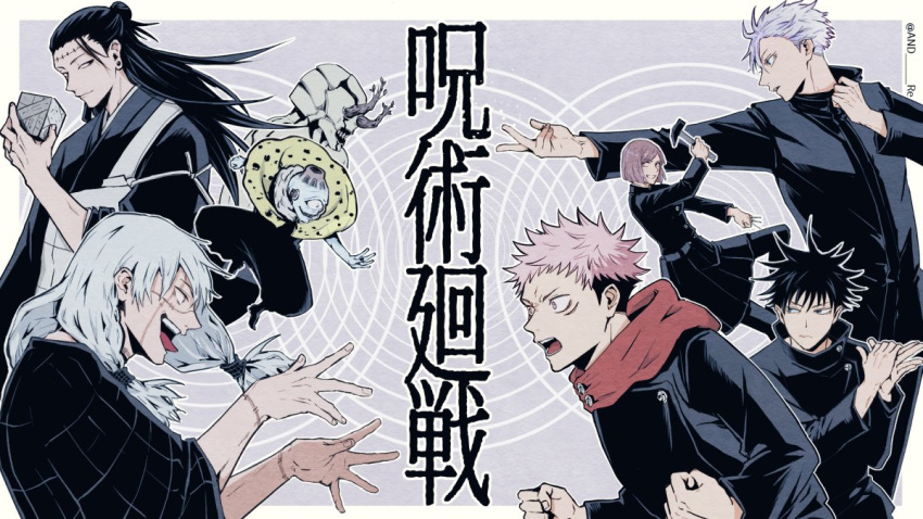 1girl, 5boys, :d, and_re, angry, bangs, black_eyes, black_hair, black_jacket, black_kimono, black_legwear, black_shirt, black_skirt, blue_eyes, border, brown_eyes, brown_hair, clenched_hands, closed_mouth, copyright_name, cube, ear_piercing, facial_mark, full_body, fushiguro_megumi, gakuran, getou_suguru, gojou_satoru, grey_background, grin, hair_bun, hair_pulled_back, hammer, hanami_(jujutsu_kaisen), hand_up, hands_up, high_collar, holding, holding_hammer, hood, hood_down, hoodie, itadori_yuuji, jacket, japanese_clothes, jogo_(jujutsu_kaisen), jujutsu_kaisen, kimono, kugisaki_nobara, long_hair, long_sleeves, looking_at_another, mahito_(jujutsu_kaisen), monster, multiple_boys, nails, one-eyed, open_hands, open_mouth, outstretched_hand, pantyhose, piercing, pink_hair, profile, red_hoodie, scar, scar_on_face, school_uniform, shadow_puppet, shirt, short_hair, sideways_glance, skirt, smile, spiky_hair, swept_bangs, tongue, tongue_out, twitter_username, upper_body, white_border, white_hair