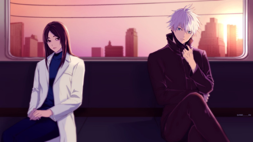 1boy, 1girl, and_re, bangs, black_jacket, black_pants, black_shirt, blindfold, blindfold_down, blue_eyes, brown_eyes, brown_hair, closed_mouth, cowboy_shot, crossed_legs, gojou_satoru, hair_between_eyes, hand_up, hands_together, high_collar, highres, ieiri_shoko, indoors, jacket, jujutsu_kaisen, long_hair, long_sleeves, looking_at_viewer, pants, parted_bangs, shirt, short_hair, sitting, sunset, tsurime, twitter_username, white_hair