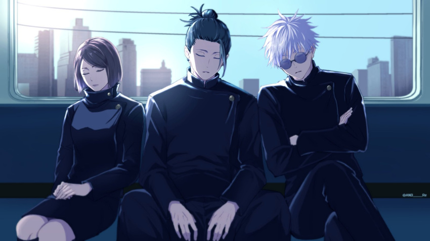 1girl, 2boys, and_re, bangs, black_hair, black_jacket, black_pants, black_skirt