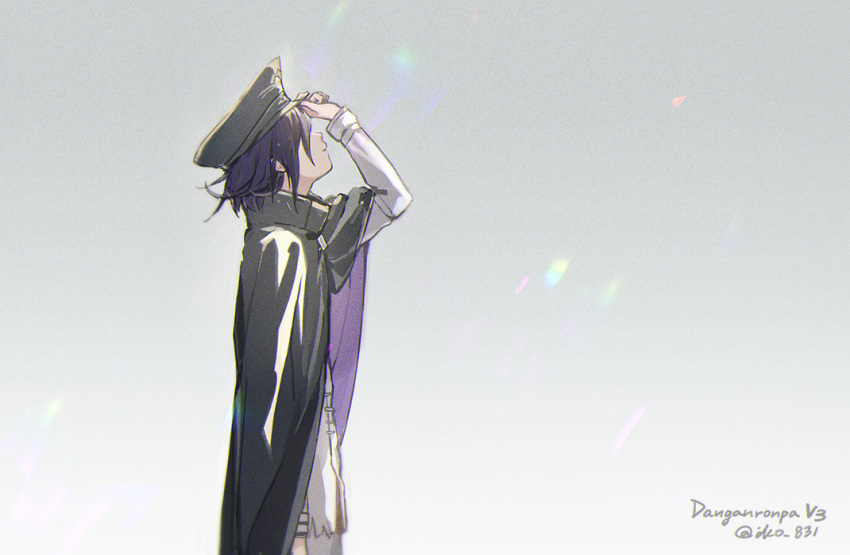 1boy, arm_up, bangs, black_headwear, cape, closed_mouth, copyright_name, danganronpa_(series)