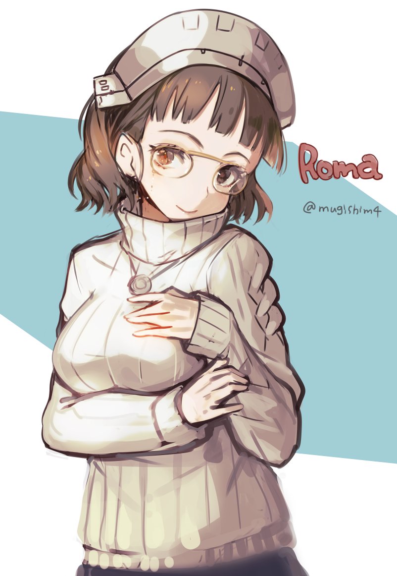 1girl, alternate_costume, bangs, breasts, brown_eyes, brown_hair, character_name, glasses, headdress, jewelry, kantai_collection, long_sleeves, mugishima_(mugishim4), necklace, pince-nez, ribbed_sweater, roma_(kantai_collection), short_hair, simple_background, smile, solo, sweater, turtleneck, turtleneck_sweater, twitter_username, two-tone_background, white_sweater