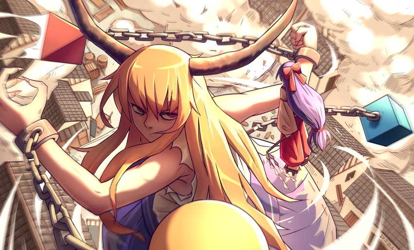 2girls, absurdres, architecture, armpit_crease, arms_at_sides, bangs, barrel, blue_skirt