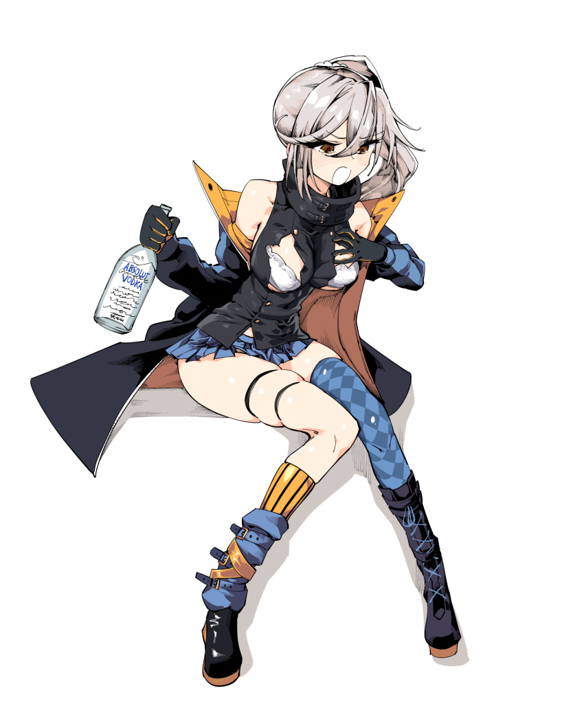 1girl, absolut_vodka, alcohol, asymmetrical_hair, blush, bottle, brown_eyes, girls_frontline