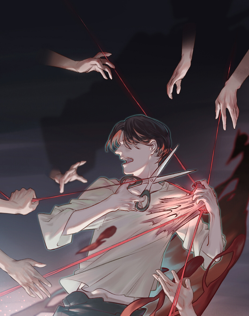 1boy, 6+others, blood, brown_hair, eyebrows_visible_through_hair, grabbing, heart, heart_(organ)