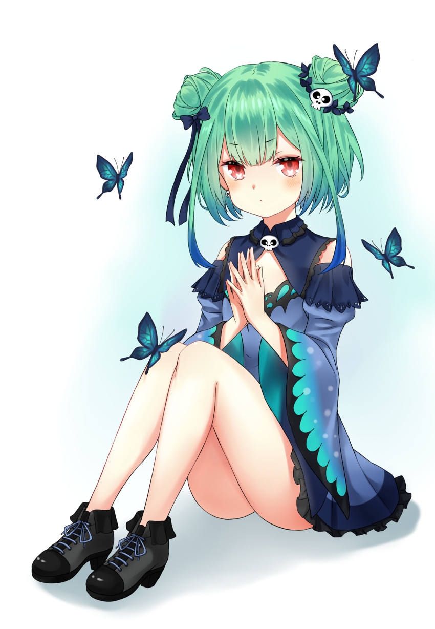 1girl, animal_print, ass, bangs, bare_legs, bare_shoulders, black_footwear, blush