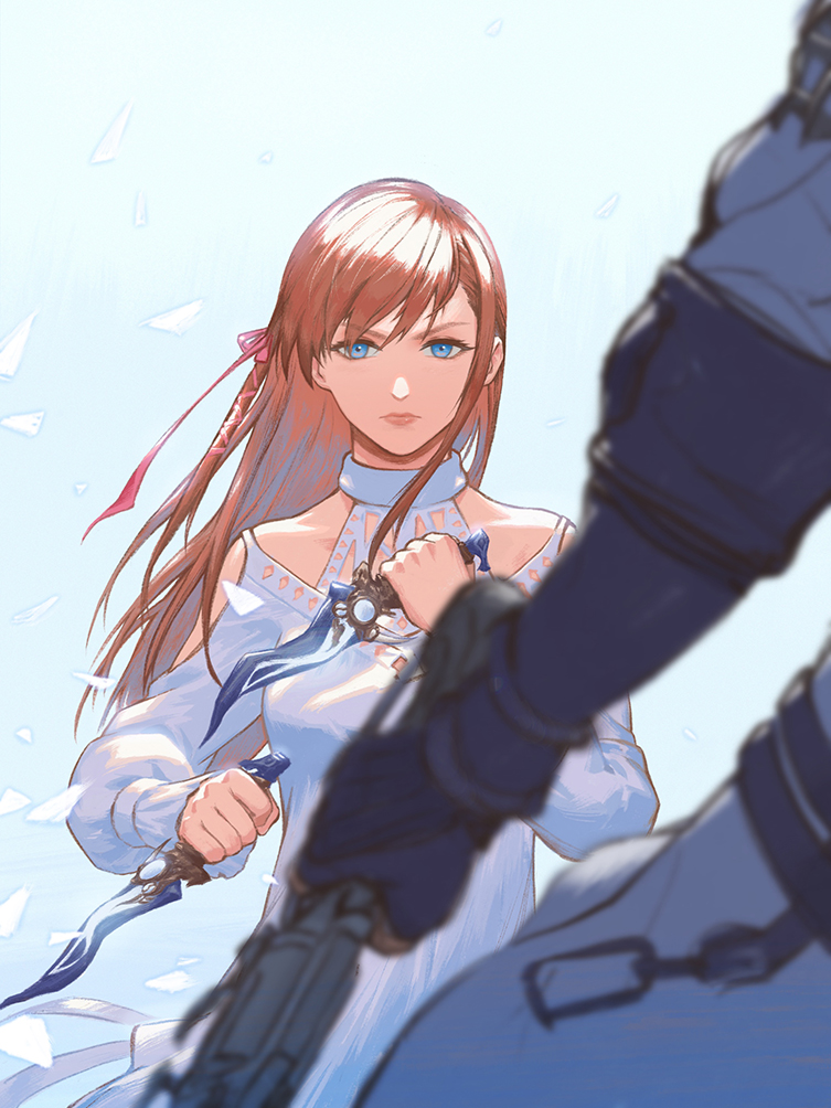 1boy, 1girl, blue_eyes, blue_gloves, closed_mouth, dagger, dress, dual_wielding