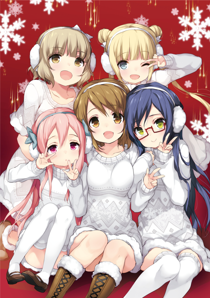 5girls, aizawa_yuu_(pan_de_peace!), bangs, black_hair, blonde_hair, blue_eyes, blunt_bangs, blush
