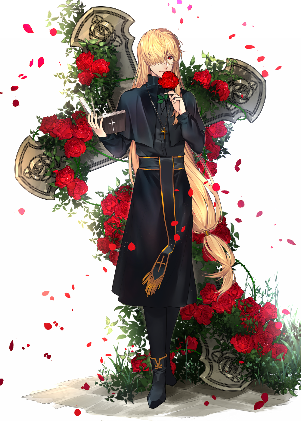 1boy, black_footwear, blonde_hair, book, cao_hong_anh, cross, cross_necklace, flower