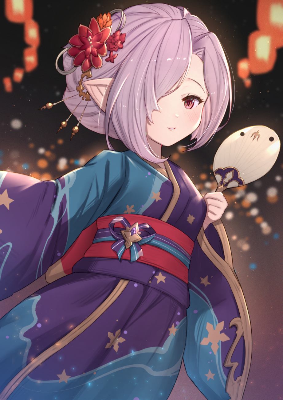 1girl, blue_kimono, blurry, blurry_background, blush, commentary_request, depth_of_field, fan