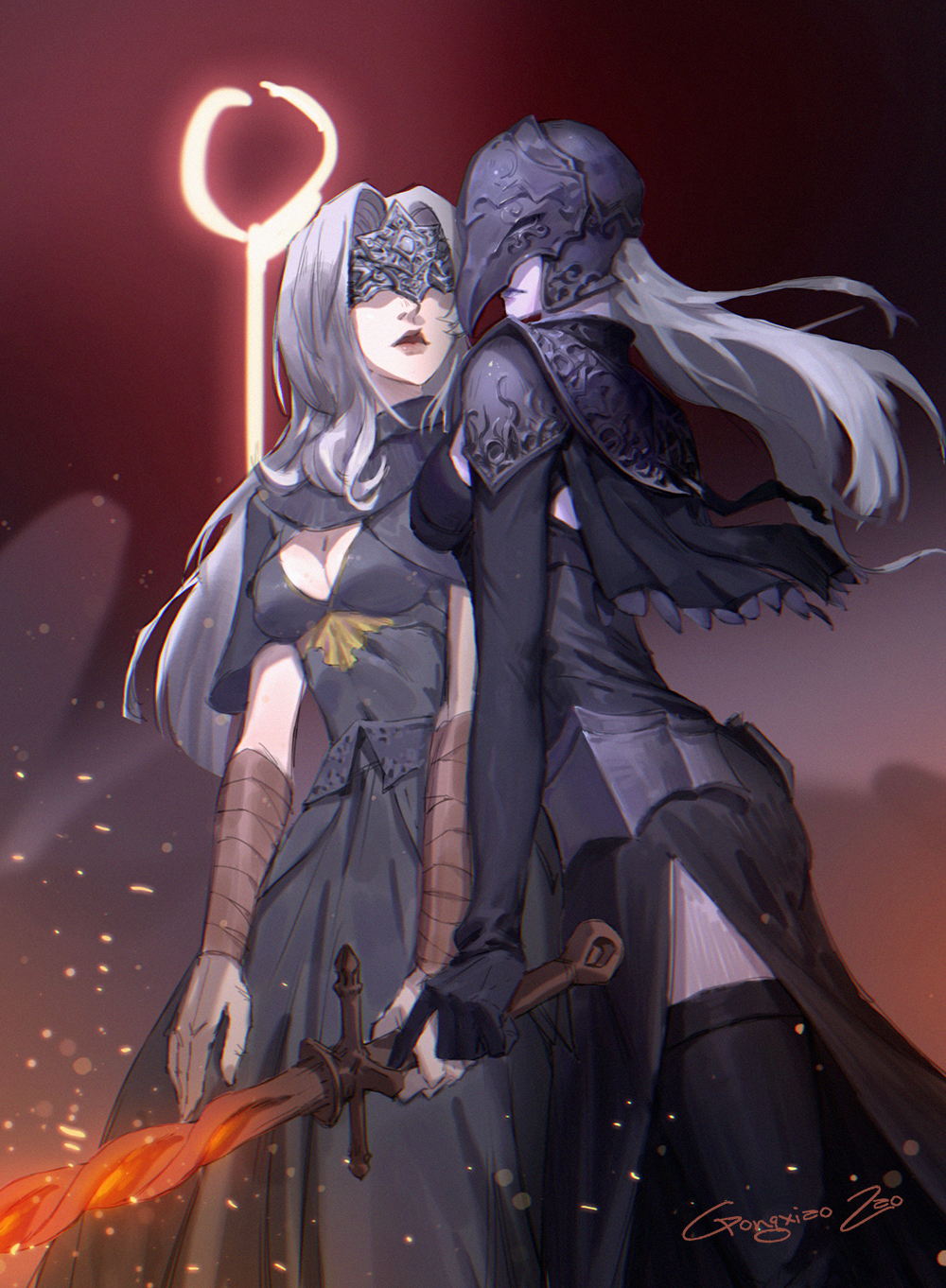 2girls, black_dress, covered_eyes, dark_souls, dark_souls_iii, dress, eye_mask, fire_keeper
