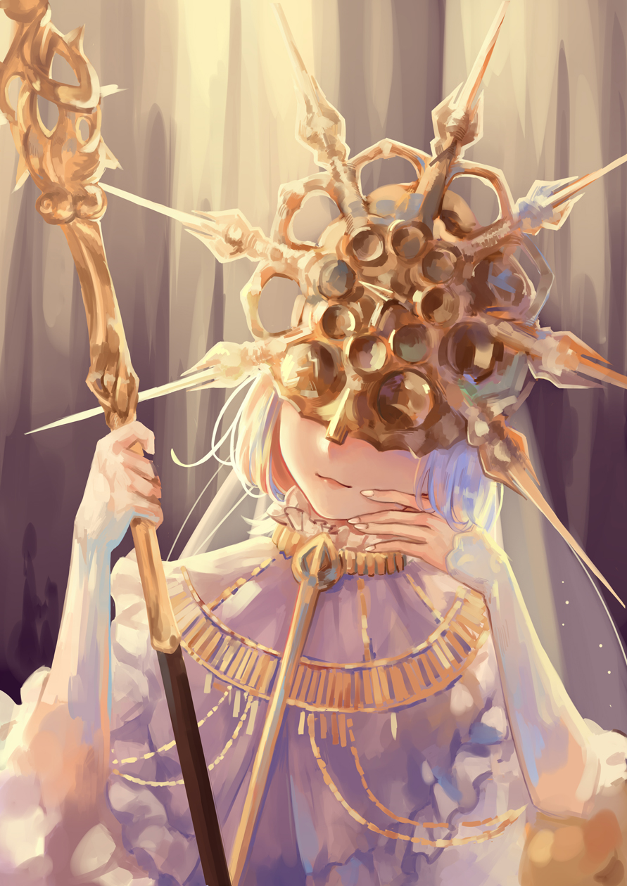 1boy, covered_eyes, dark_souls, dark_sun_gwyndolin, helmet, helmet_over_eyes, highres, long_sleeves