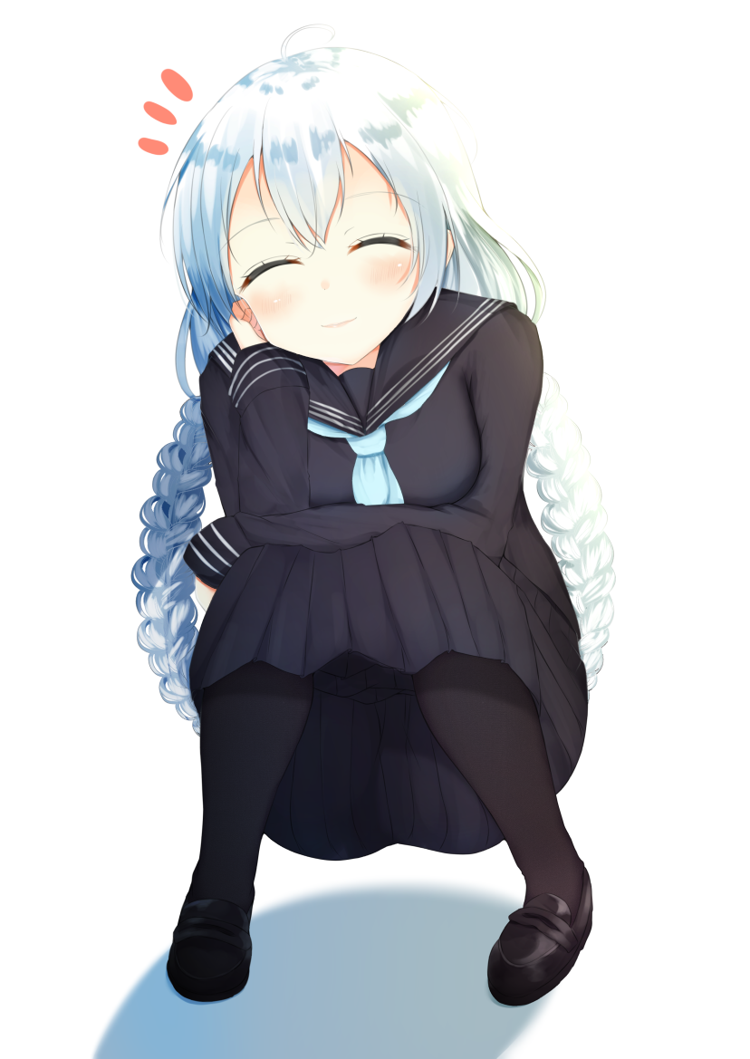1girl, ^_^, ahoge, aties20, black_footwear, black_legwear, black_sailor_collar, black_serafuku
