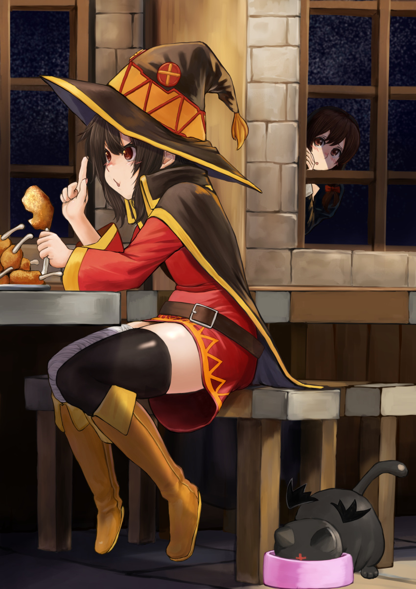 2girls, bandaged_leg, bandages, belt, black_cape, black_headwear, black_legwear, boots