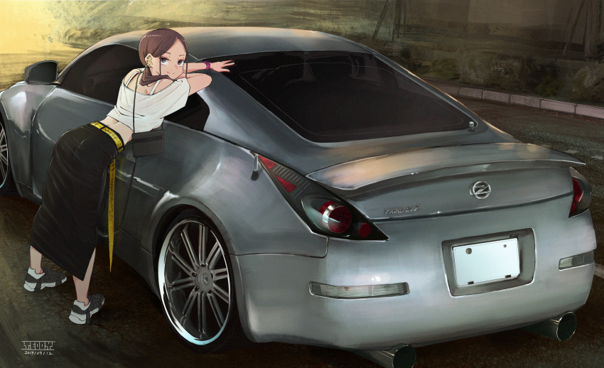 1girl, absurdres, bag, belt, black_eyes, black_footwear, brown_hair, car, closed_mouth, daofu1911, dated, earrings, full_body, ground_vehicle, handbag, highres, huge_filesize, jewelry, leaning_on_object, long_hair, long_skirt, looking_at_viewer, midriff, motor_vehicle, nissan_fairlady, off-shoulder_shirt, off_shoulder, original, outdoors, pavement, ponytail, shirt, shoes, signature, skirt, smile, sneakers, solo, vehicle_focus, watch, watch, white_shirt