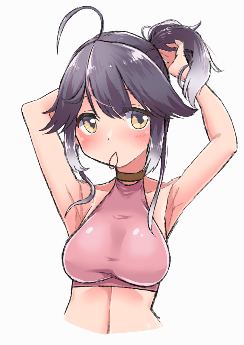 1girl, absurdres, ahoge, breasts, choker, commentary_request, grey_hair, hayanami_(kantai_collection)