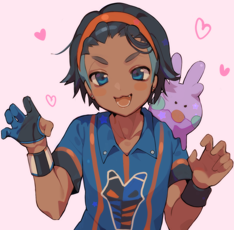 1boy, black_hair, black_wristband, blue_eyes, blush, chariko, claw_pose, collared_shirt