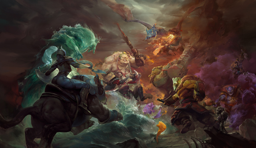1girl, 2others, 4boys, armor, boots, crowgod, defense_of_the_ancients, dota_2, dragon, earthshaker, highres, holding, holding_weapon, jakiro_(dota), juggernaut_(dota), lion_(dota_2), luna_(dota), mask, morphling_(dota_2), multiple_boys, multiple_others, nova_(dota), pudge_(dota_2), riki_(dota), saddle, skeleton, staff, standing, water, weapon
