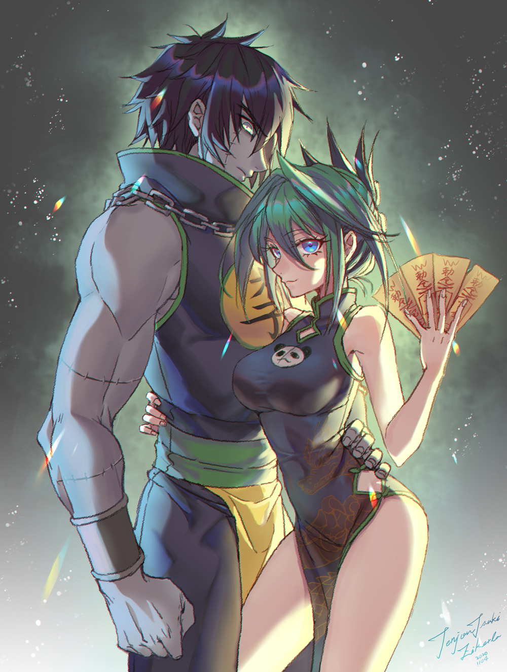 1girl, arm_around_waist, bare_shoulders, black_hair, blue_eyes, breasts, china_dress, chinese_clothes