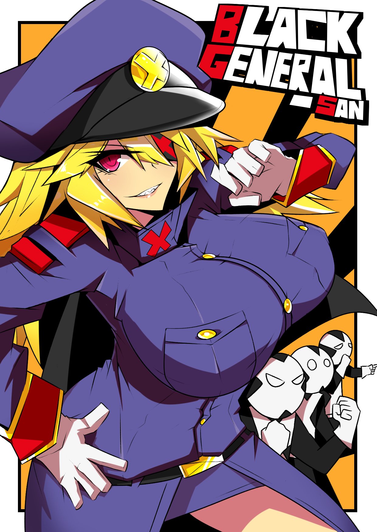 1girl, 3boys, altronage, bangs, black_general, blonde_hair, blue_headwear, breasts, character_name, eyepatch, gloves, hair_between_eyes, hand_on_hip, hat, highres, large_breasts, long_hair, looking_at_viewer, multiple_boys, one_eye_covered, red_eyes, sharp_teeth, smile, teeth, uniform, white_gloves, zannen_onna-kanbu_black_general-san