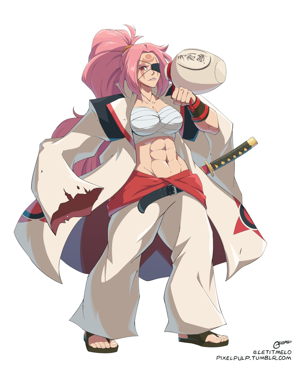 abs, baiken, bandages, eyepatch, guilty_gear, highres, katana, long_hair