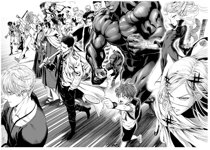 absurdres, atomic_samurai, axe, backpack, bag, breasts, bushidrill, candy, captain_mizuki, character_request, chougoukin_kurobikari, closed_mouth, covered_navel, crescent_eyebroll, curly_hair, dark_skin, dark_skinned_male, double_hole_(one-punch_man), doutei_(one-punch_man), dress, floating, food, gearsper, green_(one-punch_man), highres, holding, holding_axe, holding_candy, holding_food, holding_lollipop, iaian, lollipop, long_hair, murata_yuusuke, needle_star, ninja, official_art, okamaitachi, one-punch_man, one_shotter_(one-punch_man), open_mouth, ponytail, puri_puri_prisoner, randoseru, scan, senkou_no_flash, shadow_ring, short_hair, small_breasts, smile, sweet_mask, tatsumaki, traditional_media, twin_tail_(one-punch_man), very_dark_skin, zombieman