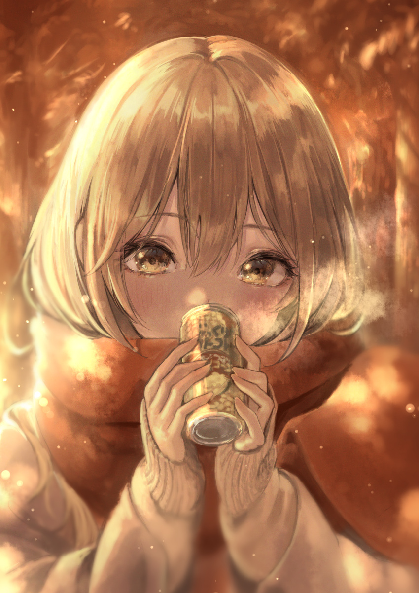 1girl, absurdres, autumn, bangs, beige_sweater, blurry, blurry_background, blush