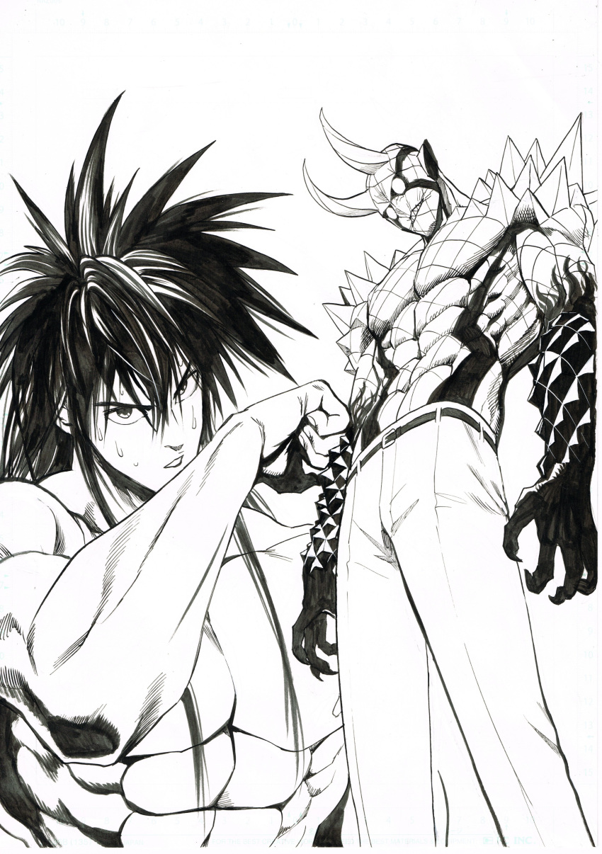 2boys, absurdres, belt, character_request, greyscale, highres, horns, long_hair