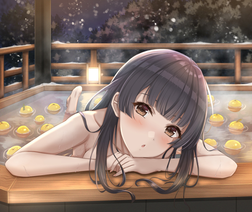 1girl, :o, arm_rest, bangs, bare_arms, bare_shoulders, black_hair, blunt_bangs