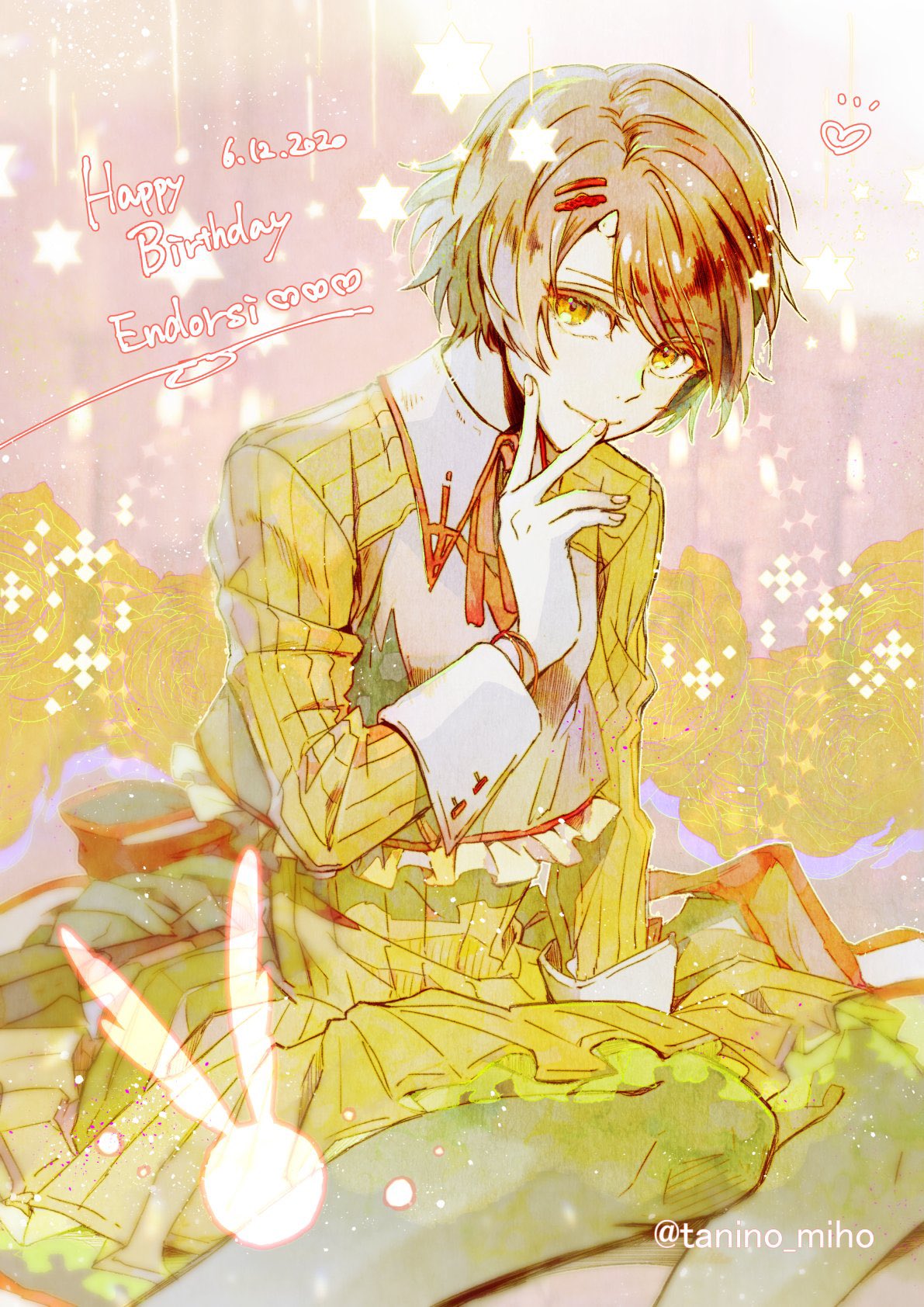 1girl, 2020, androssi_jahad, bow, bracelet, brown_hair, character_name, closed_mouth